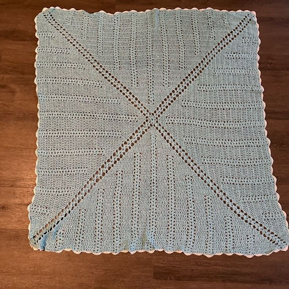 Vintage Hand Crochet Baby Blue Square blanket afghan throw white trim 46”